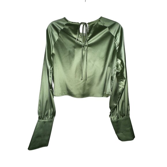 Fashion Nova Green Satin Long-Sleeve Crop Top XL Sexy Classic Party Date Boho - Picture 2 of 7